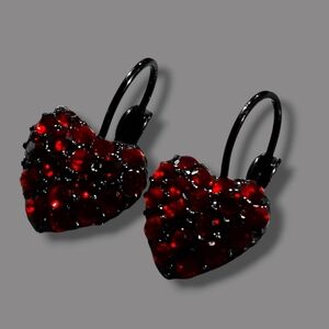 Vintage Red And Black Crystal Heart Hinge Earrings Pierced Ears 1/2" Valentines